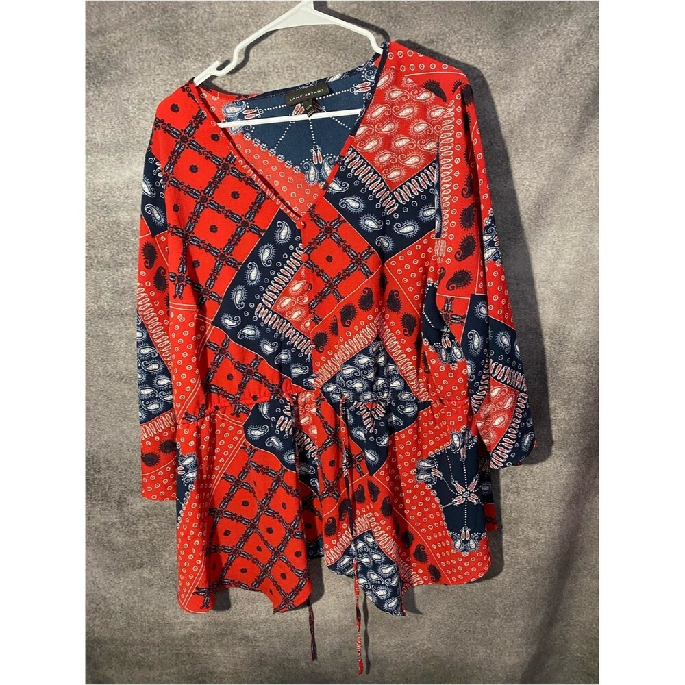Lane Bryant 22/24 Peplum Blouse Red Blue Paisley Patchwork Bandana Top Drawstri